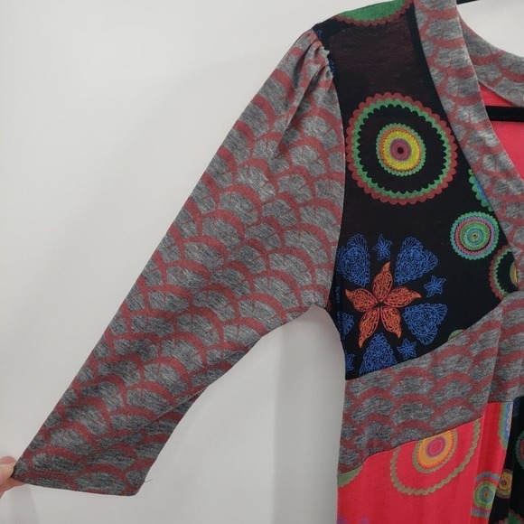 Pure Vida Small Knit Tie Back Dress Boho Peasant Patchwork Geometric V Neck - Picture 13 of 15